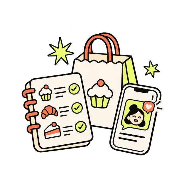 Ilustração: Ficha de pedidos, sacola de entrega e celular com atendimento ao cliente
