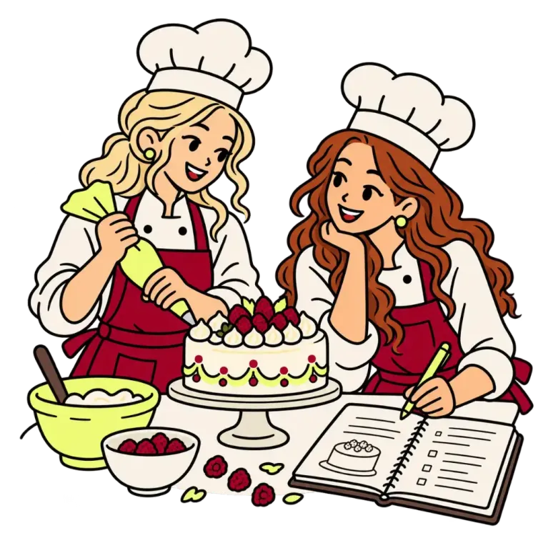 Ilustração Mércia e Rachel confeitando e anotando receitas na bancada